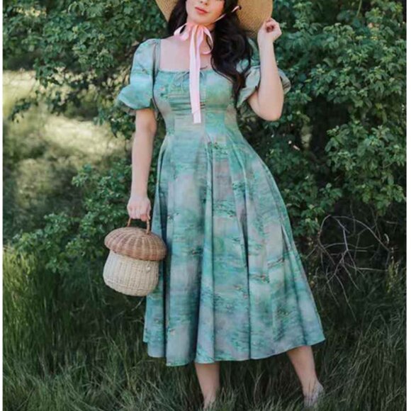 BEST Selkie The Water Lilies Day Midi Dress XSmall Green Cotton Party Cocktail - Picture 11 of 14